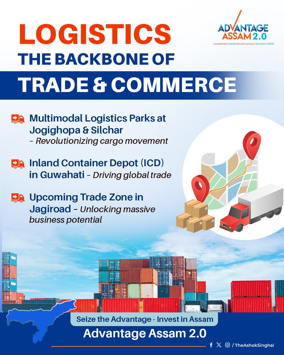 TheAshokSinghal's tweet image. India’s first Multi-Modal Logistics Parks are transforming Assam into a strategic gateway for trade!

With world-class infrastructure and seamless connectivity, Assam is the ideal investment destination for businesses eyeing South East Asian markets and beyond.

So come, Seize…
