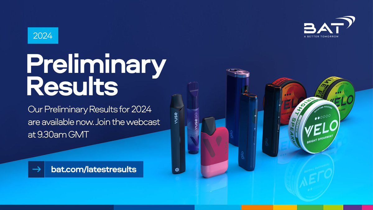 Our #FullYearResults2024 are now available. View them here ➡️bat.com/latestresults.

Join our Chief Executive, Tadeu Marroco, and CFO, Soraya Benchikh, for a webcast at 9:30am GMT. Register here: ow.ly/r92K50UYov7. 

#FYR2024 #ABetterTomorrow