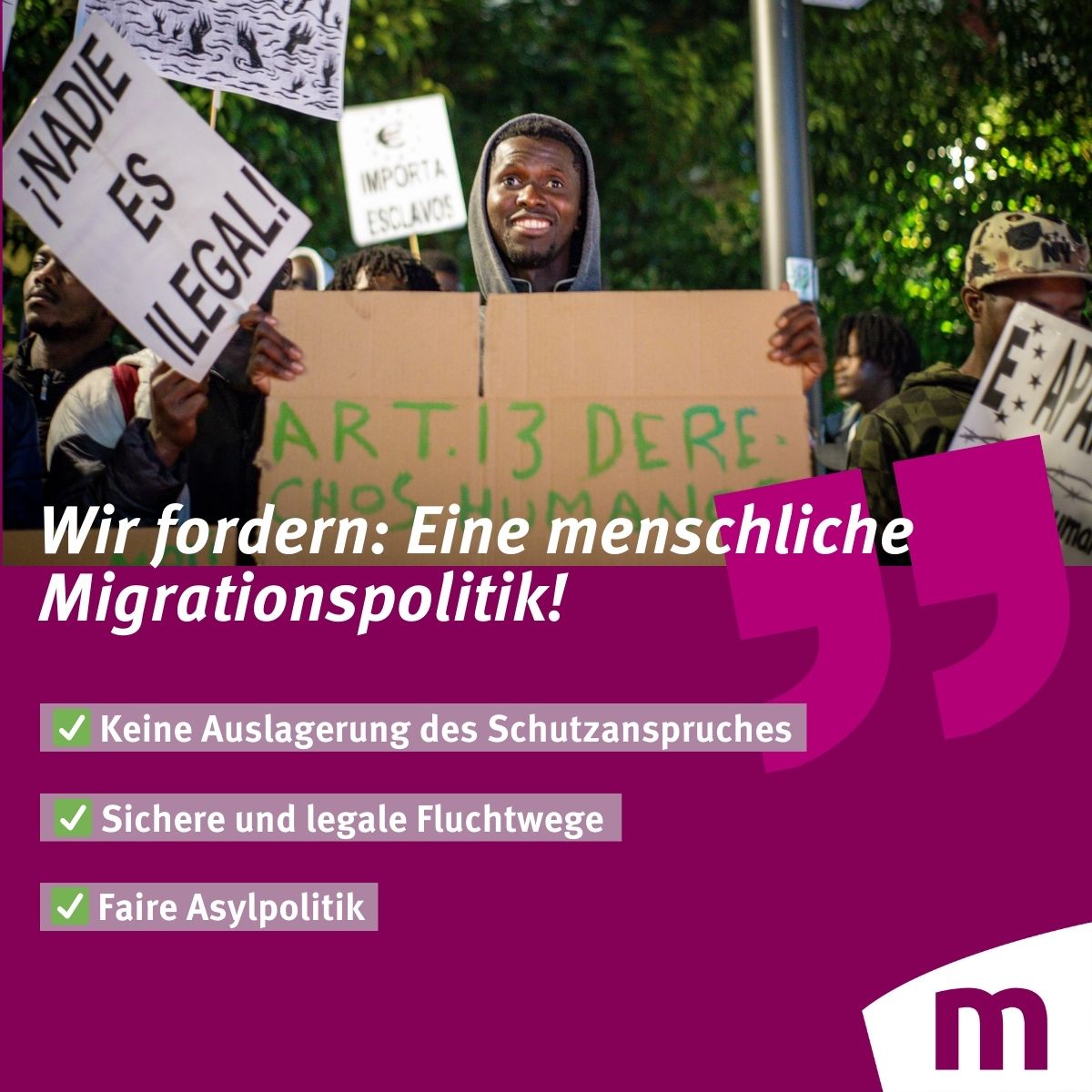 Menschenrechte sind nicht verhandelbar – auch nicht an den EU-Grenzen! 🚧🌍

Abschiebungen in Krisengebiete, Deals mit autoritären Regimen, die Militarisierung der EU-Außengrenzen – so sieht die aktuelle Migrationspolitik aus. Doch Schutzsuchende brauchen mehr als Abschreckung: