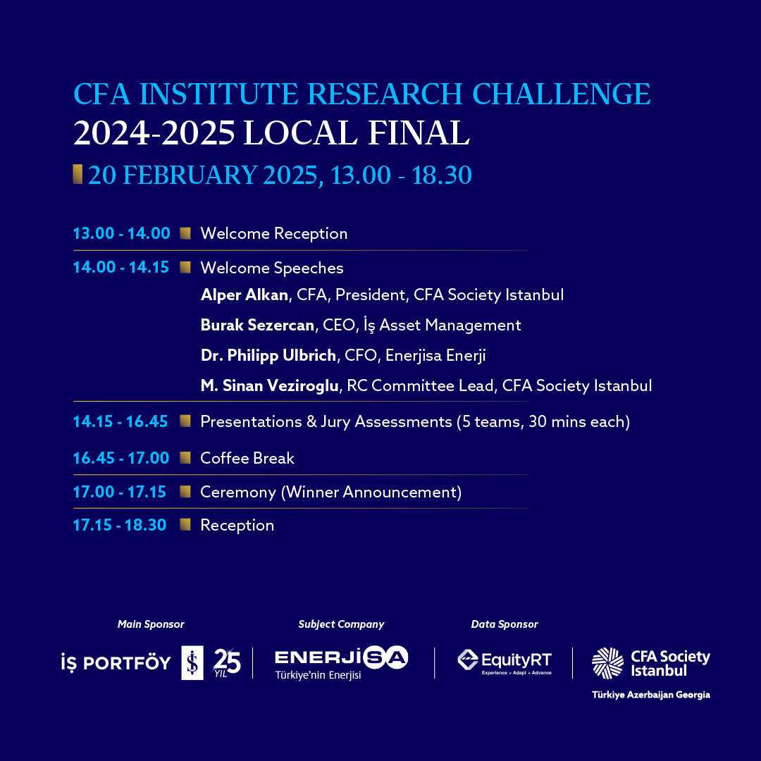 CFAIstanbul's tweet photo. The excitement is at its peak as we approach the final round of the CFA Institute Local Research Challenge! Five outstanding universities have earned their spots in the competition and will battle it out for the coveted local title.

The Finalist Teams:

Ada University
Istanbul Bilgi University
Izmir University of Economics
Koç University
Yildiz Technical University

These incredible teams, with their research skills and analytical prowess, have made it to the final stage, proving their excellence and determination. The competition promises to be fierce, and these talented students are ready to showcase their skills and make their mark in the world of finance!

We can’t wait to see who will claim the title.

A special thank you to the faculty advisors, mentors, and graders for dedicating their time and effort to make the Research Challenge a success at the local level.

We also extend our gratitude to  İş Portfoy, Enerjisa and EquityRT for their involvement in this year’s competition, providing students with valuable tools and the opportunity to gain hands-on experience in market analysis.

Best of luck to the finalist teams! And many thanks to all the student teams who participated this year!