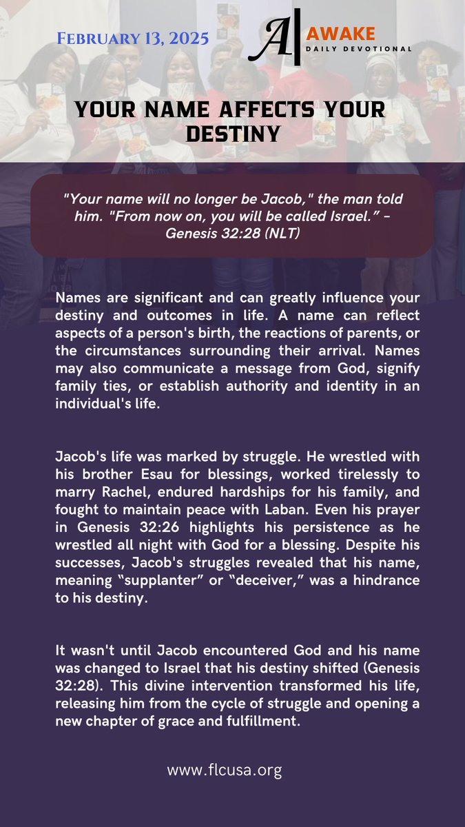 FLC_USA's tweet image. Your name carries power and influence over your destiny. Just as God changed names in the Bible to align with His purpose, He can do the same for you. If your name doesn’t reflect His plan, trust Him for a transformation!

#PowerOfAName #DestinyShift #awakedailydevotional #flcusa