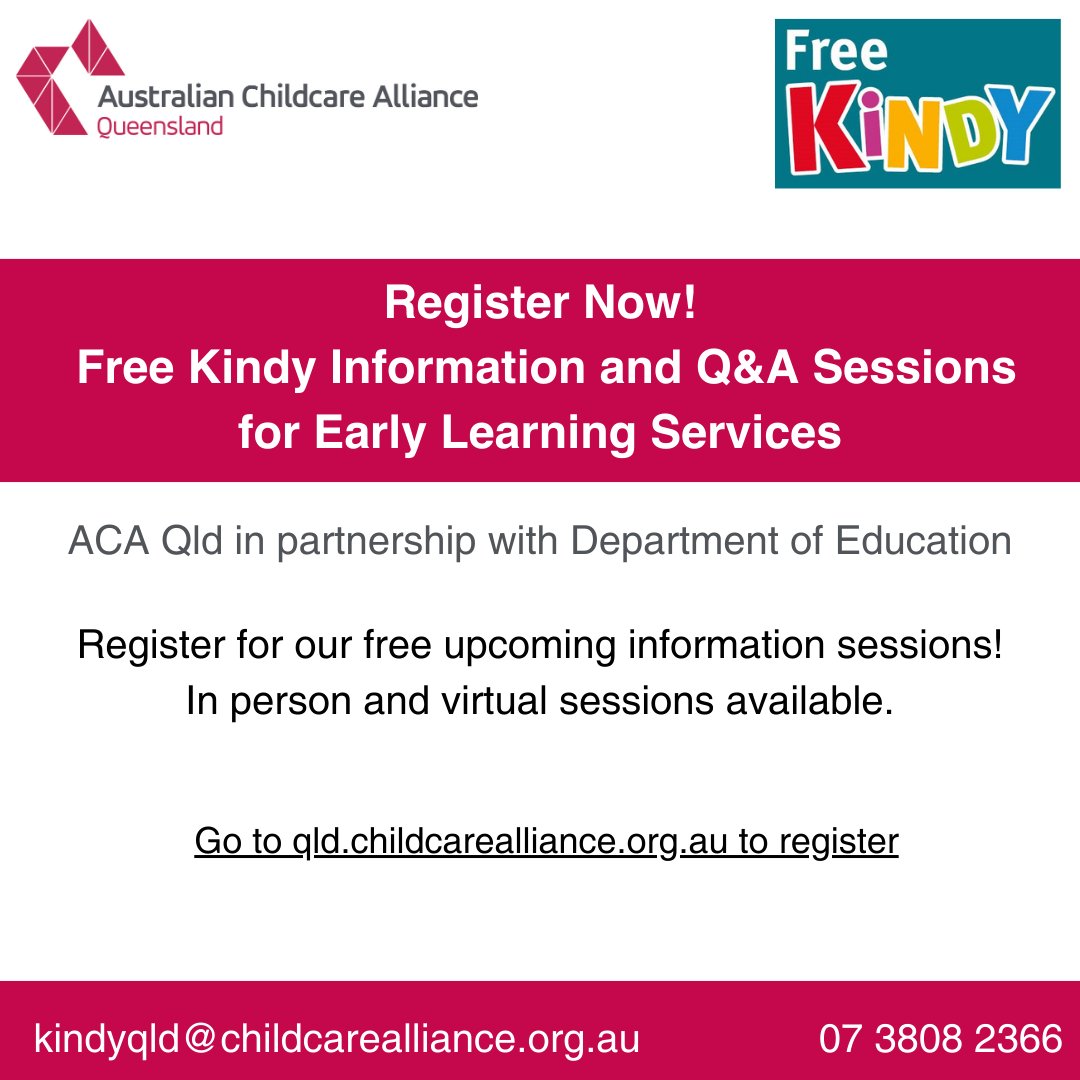 ACAQld's tweet photo. 🌟 Register now for our upcoming FREE information sessions! 🌟

In person and virtual sessions are available.

Go to https://t.co/PQHWEMzQsG for all session times and to register.
#FreeKindy #FreeKindyQld #BestStartInLife #ECEC #ACAQueensland #EarlyChildhood https://t.co/bGcMhsCYop