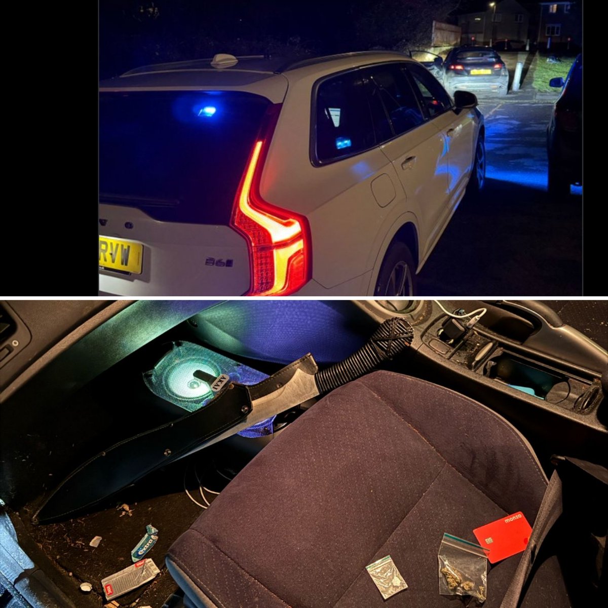 #ARV spotted this vehicle on Cloned Plates. Vehicle failed to stop and crashed in to a bollard whilst trying to escape. Officers located the fleeing driver. Arrested for Dangerous Driving, Failing to Stop, Possession of Class A and B drugs, and Possession of this Offence Weapon!!