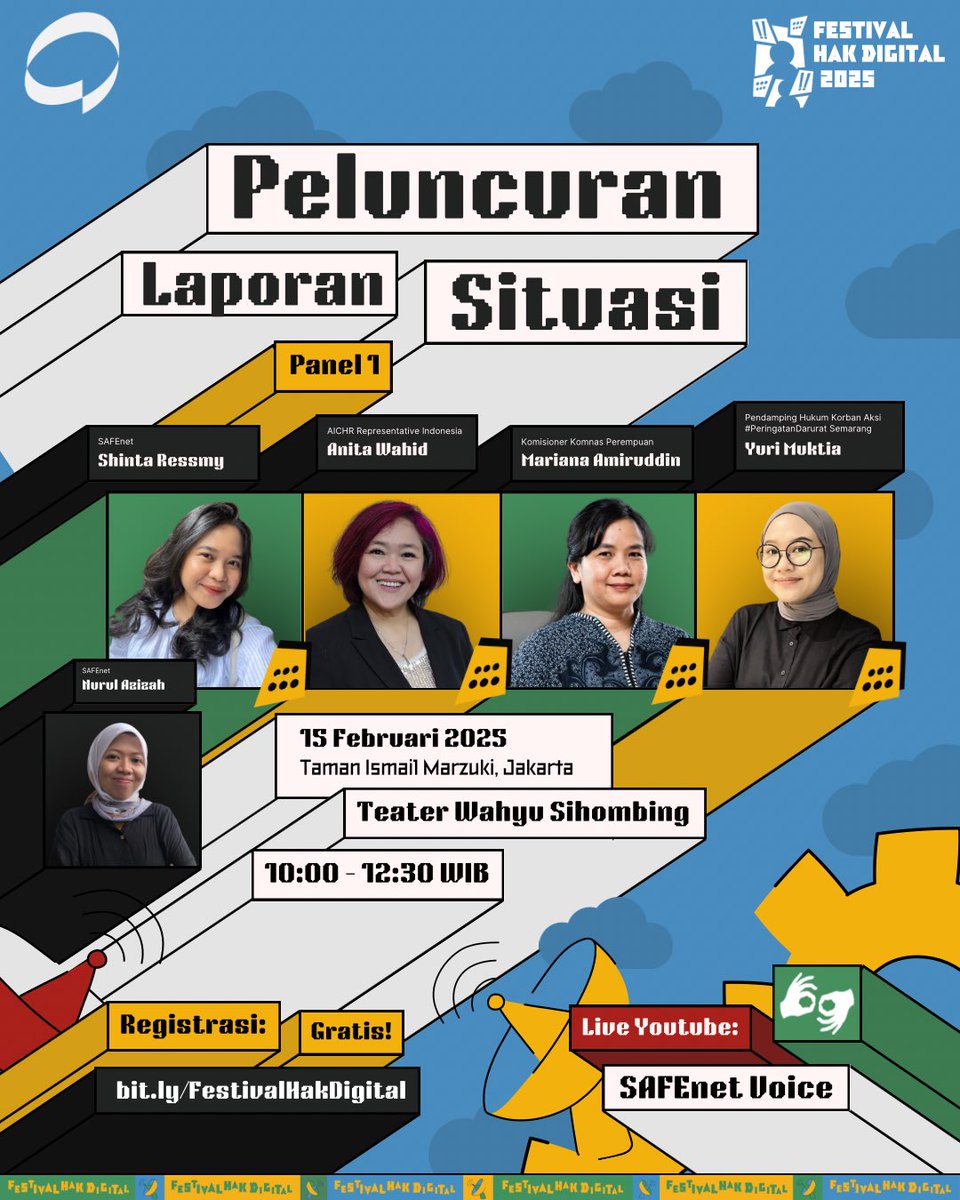 safenetvoice's tweet image. Berikut untuk pengisi dan penanggap Laporan Situasi Hak Digital 2024! 🥳

Yuk, daftar dan sampai bertemu di cara Festival Hak Digital!

Daftarkan diri kamu di pranala berikut bit.ly/FestivalHakDig…

#InternetAmanBebasSetara #FestivalHakDigital #SAFEnet
