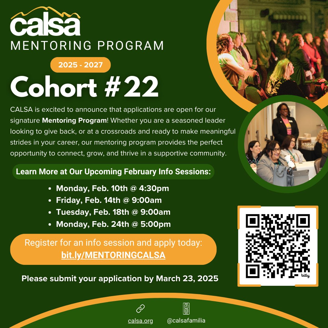 CALSAfamilia's tweet photo. 📢 Register for a Mentoring Program Cohort #22 Info Session!
Looking to grow in your leadership journey? Join one of our upcoming sessions:
📅 Feb. 14 @ 9 AM
📅 Feb. 18 @ 9 AM
📅 Feb. 24 @ 5 PM
💡 Register now! 🔗 https://t.co/v7gIrUjLse
#CALSA #MentorshipMatters #FutureLeaders https://t.co/uDbq8BqflC