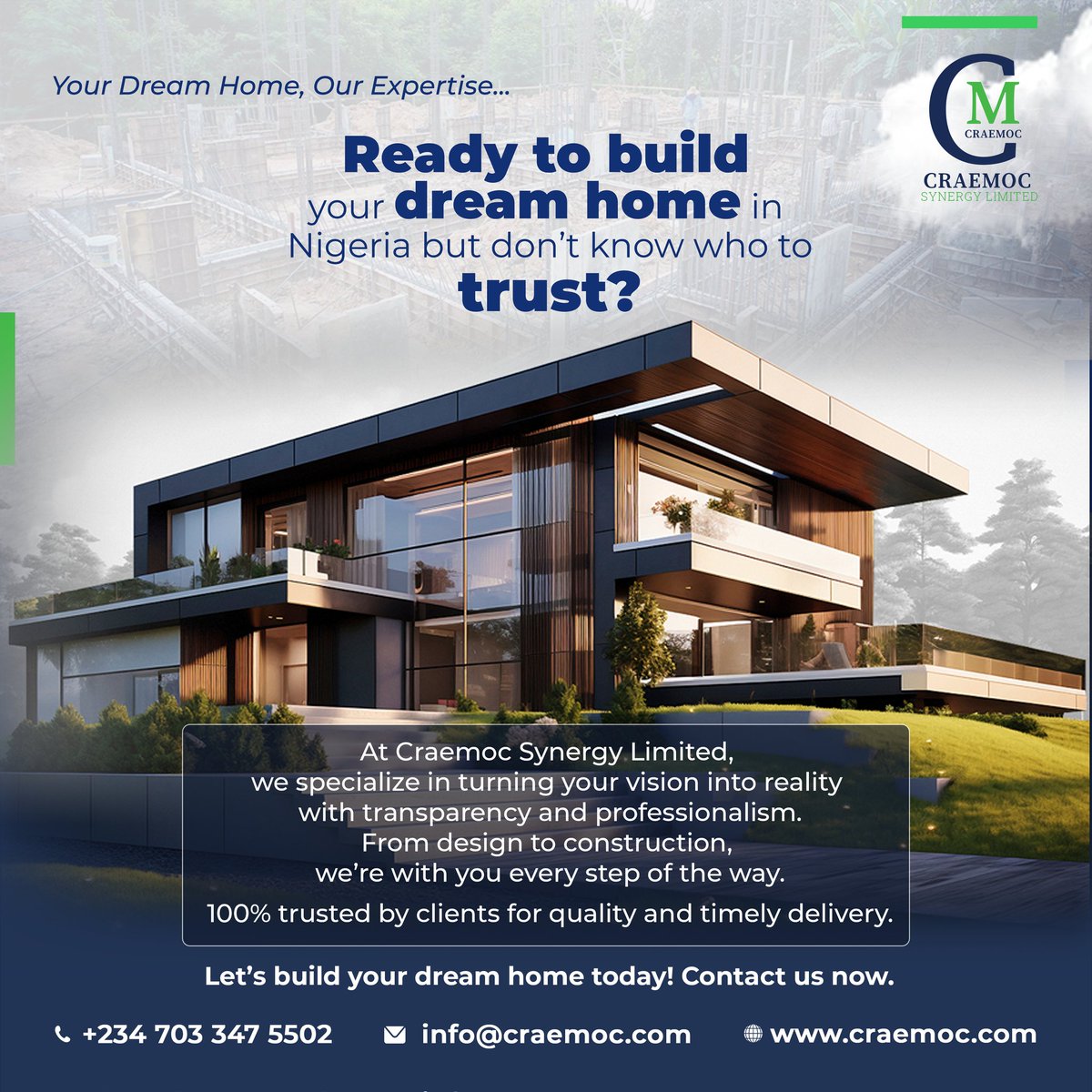 craemoc's tweet photo. BUILDING IN NIGERIA? LET’S MAKE IT EASY FOR YOU!

Thinking of building your dream home but don’t know who to trust? You're not alone! That’s why Craemoc Synergy Limited is here to offer reliable, high-quality, and transparent construction services from design to completion. https://t.co/28KX9oDQ0K