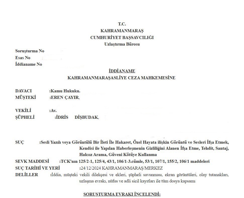 Kahramanmaraş Cumhuriyet Başsavcılığı tarafından, İdris Dişbudak hakkında tarafımca yapılan şikayet üzerine, “Yazılı Bir İletiyle Hakaret,” “Özel Hayata İlişkin Görüntü ve Sesleri İfşa Etmek,” “Kendisiyle Yapılan Haberleşmenin Gizliliğini Alenen İfşa Etmek” “ Güveni Kötüye