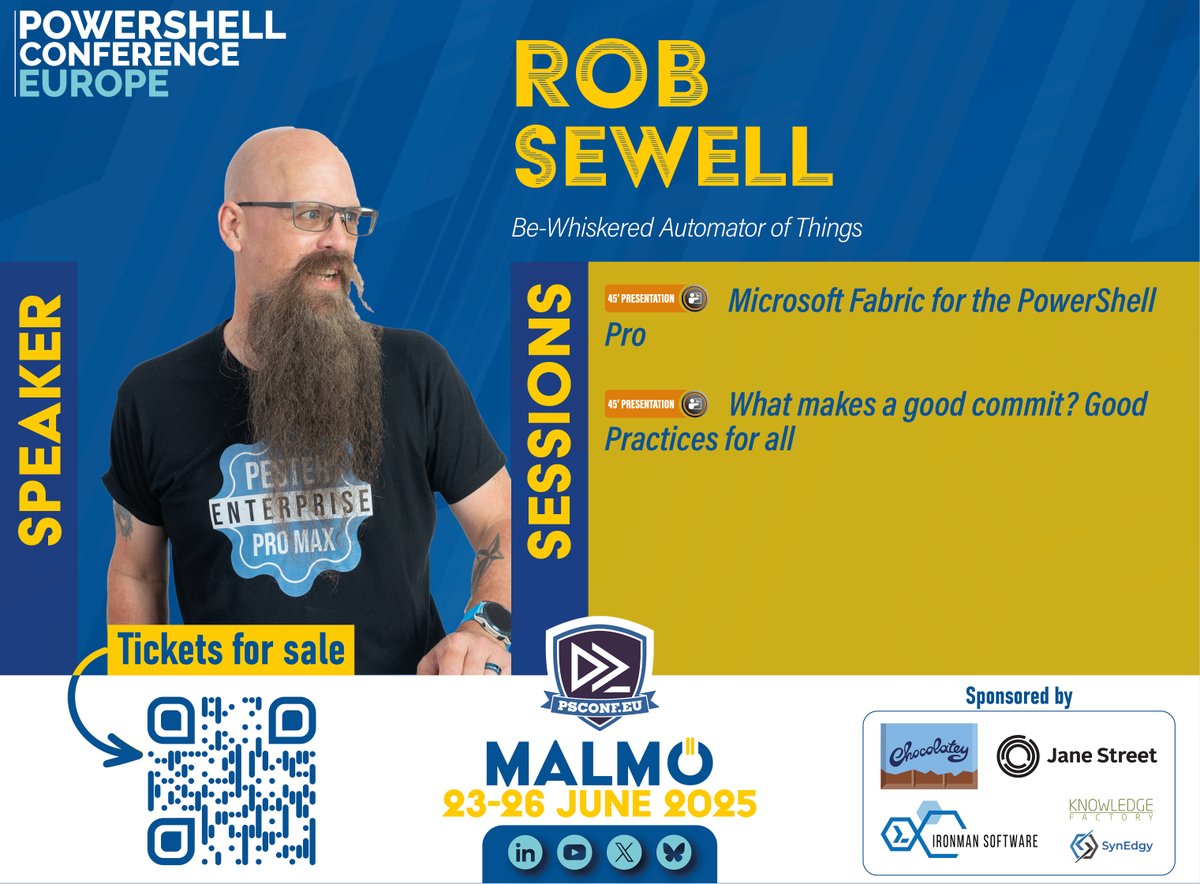 PSConfEU (@psconfeu) on Twitter photo <a href="/sqldbawithbeard/">Rob He/Him - Not here</a> will be on stage for #PSConfEU 2025 in #Malmö!
🎙️ Microsoft Fabric for the PowerShell Pro
🎙️ What makes a good commit? Good Practices for all
🎟️ Tickets available at psconf.eu
#PowerShell #Skåne #Svenska #Sweden #IT #automation <a href="/sqldbawithbeard/">Rob He/Him - Not here</a> will be on stage for #PSConfEU 2025 in #Malmö!
🎙️ Microsoft Fabric for the PowerShell Pro
🎙️ What makes a good commit? Good Practices for all
🎟️ Tickets available at psconf.eu
#PowerShell #Skåne #Svenska #Sweden #IT #automation
