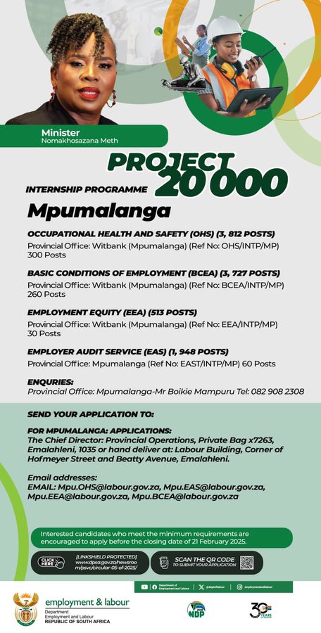 GovernmentZA's tweet photo. 📢 Internship Opportunities Alert!!! 🔥

The Department of Employment and Labour @deptoflabour is offering an incredible opportunity for 20,000 graduates to join the #Project20000 Internship Programme as Inspector Interns across ALL provinces! 🌍💼 

📌 How to apply? Check attached posters for each province with all your submission details 
📍 Full advert here: DPSA Vacancy Circular 05 of 2025

Tag/share with someone who needs this opportunity! 🚀📢 

#GovZAUpdates #Project20000