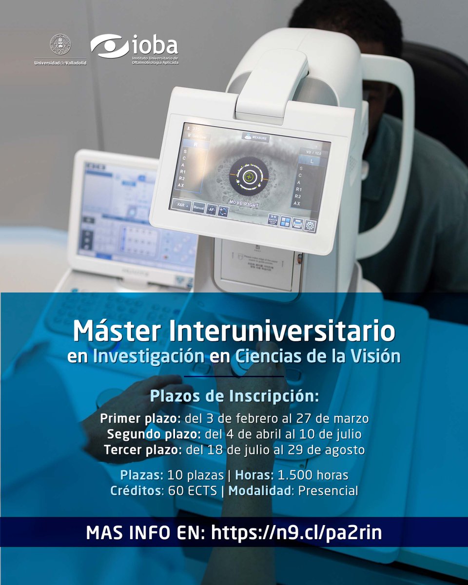 IobaUVa's tweet photo. Si eres titulad@ en medicina, biología, bioquímica, enfermería, física, óptica y optometría, química, farmacia, etc. y quieres comenzar una carrera investigadora y académica en el campo de las #CienciasDeLaVisión, ¡este es tu #Máster!
ℹ️ Info: https://t.co/9JGhVfJovs
#IOBA #Uva https://t.co/BdIPwuDV8m
