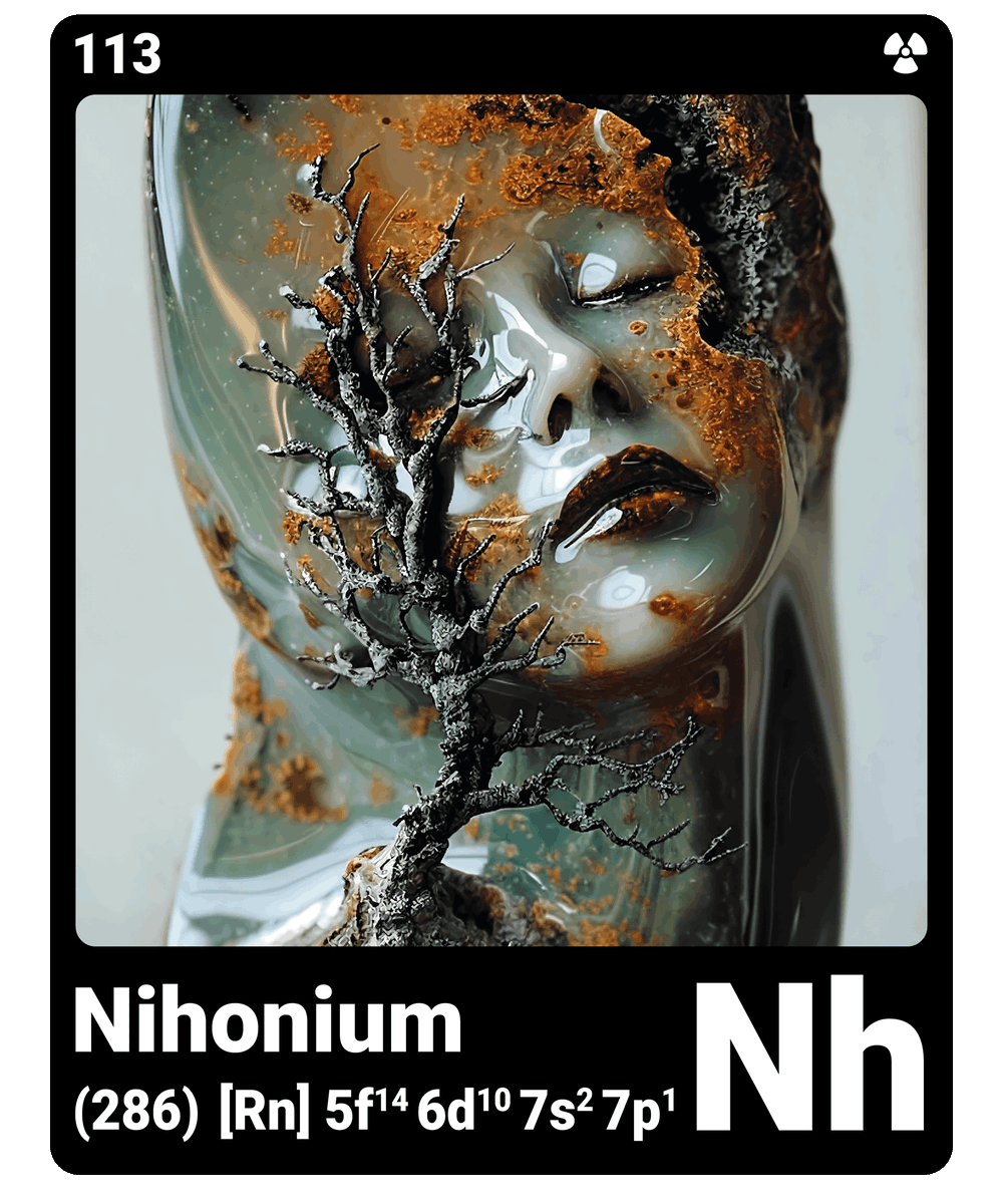 br_AI_king's tweet photo. brAIking This is what it looks like when AI gives the chemical element nihonium a face - find all ChemicalElements in the bio ScienceArt https://t.co/oTzCC0CvKb
