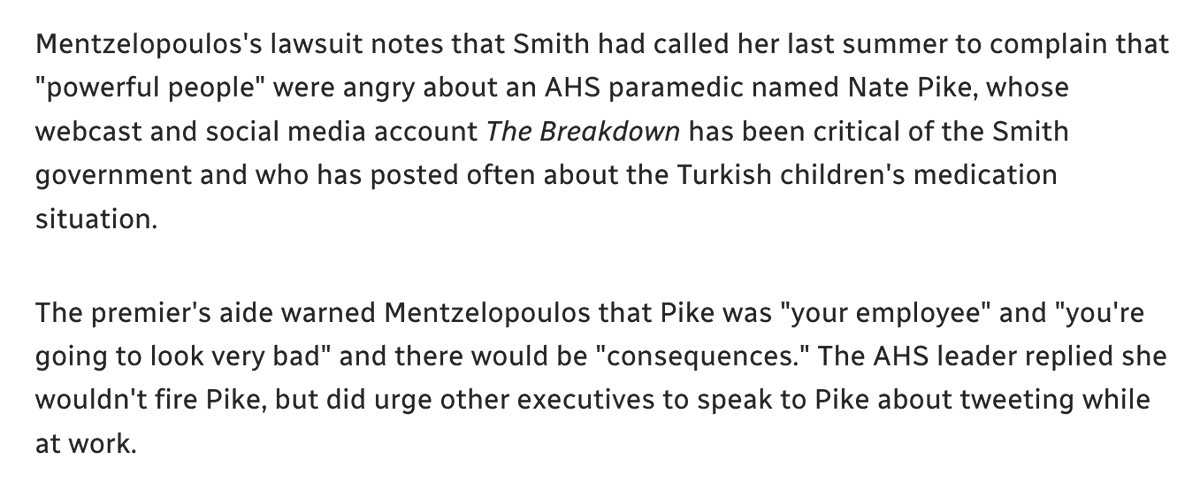 disorderedyyc's tweet image. Wow, Danielle Smith's chief of staff, Marshall Smith, called AHS CEO Athana Mentzelopoulos to get her to fire @NatePike of @TheBreakdownAB 

#ableg #abpoli
cbc.ca/news/canada/ca…