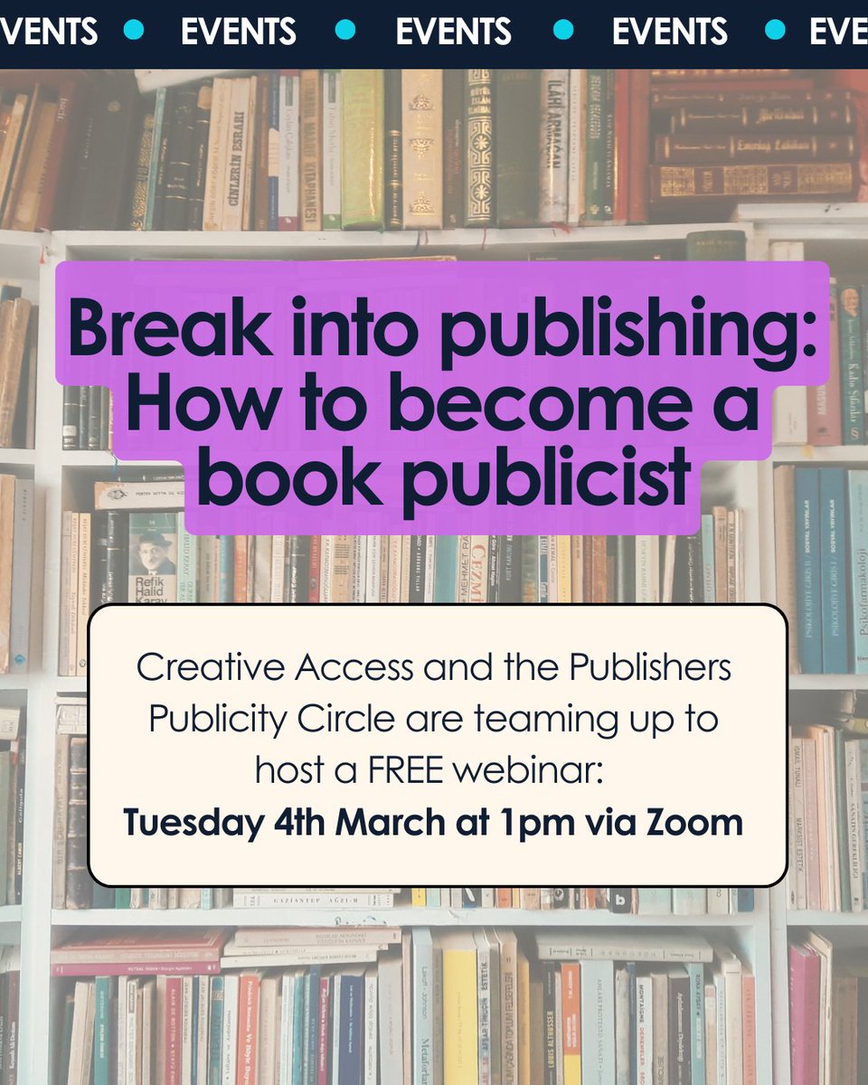 Want to get into book publicity? Join Creative Access, <a href="/publicitycircle/">Publicity Circle</a> + publicity pros from <a href="/HachetteUK/">Hachette UK</a>, <a href="/simonschusterUK/">Simon & Schuster UK</a>, <a href="/HarperCollinsUK/">HarperCollinsUK</a> &amp; <a href="/canongatebooks/">Canongate (has left)</a> in this FREE webinar! ✨

🗓️ Tues 4th March, 1-2pm via Zoom
🔗 Sign up by 3rd March: opportunities.creativeaccess.org.uk/job/breaking-p… #publishing