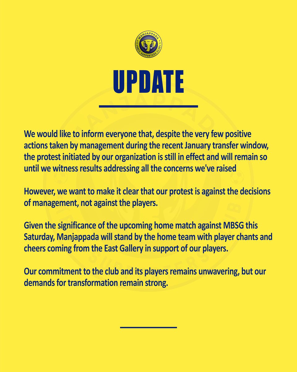 kbfc_manjappada's tweet image. UPDATE ‼️‼️‼️

#UnitedForBetterBlasters #Manjappada #KBFC #ISL #Blasters