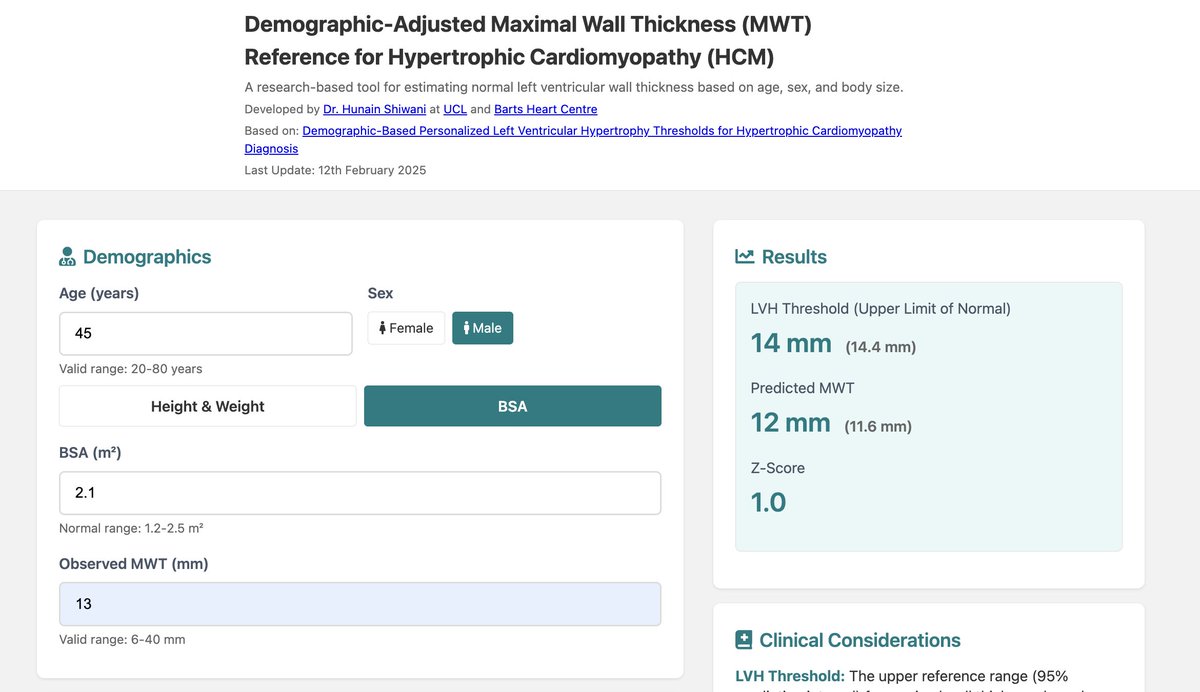 Hunain Shiwani (@hunainshiwani) on Twitter photo 🚀 Excited to share a new tool based on our <a href="/JACCJournals/">JACC Journals</a> study! doi.org/10.1016/j.jacc…
🔍 hcmcalculator.com provides left ventricular hypertrophy (LVH) MWT threshold values and Z-scores based on age, sex, & BSA. 🚀 Excited to share a new tool based on our <a href="/JACCJournals/">JACC Journals</a> study! doi.org/10.1016/j.jacc…
🔍 hcmcalculator.com provides left ventricular hypertrophy (LVH) MWT threshold values and Z-scores based on age, sex, & BSA.