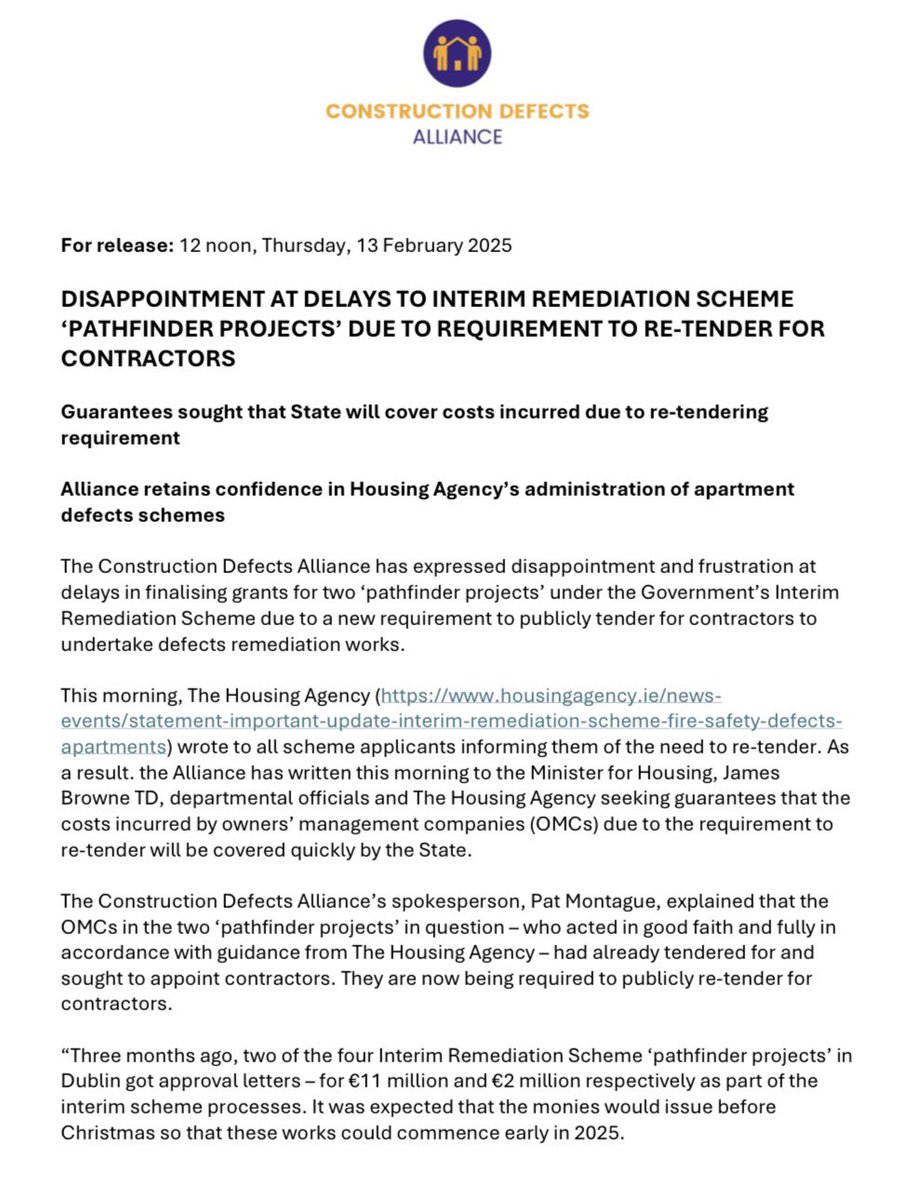 Construction Defects Alliance (@alliancedefects) on Twitter photo <a href="/AllianceDefects/">Construction Defects Alliance</a> has issued a statement constructiondefectsalliance.ie/assets/files/p… on <a href="/HousingAgencyIE/">The Housing Agency Ireland</a> requirement that Interim Remediation Scheme pathfinders need to re-tender for contractors and that 191 others need to pause work.
Agency's comms available here housingagency.ie/news-events/st… <a href="/AllianceDefects/">Construction Defects Alliance</a> has issued a statement constructiondefectsalliance.ie/assets/files/p… on <a href="/HousingAgencyIE/">The Housing Agency Ireland</a> requirement that Interim Remediation Scheme pathfinders need to re-tender for contractors and that 191 others need to pause work.
Agency's comms available here housingagency.ie/news-events/st…