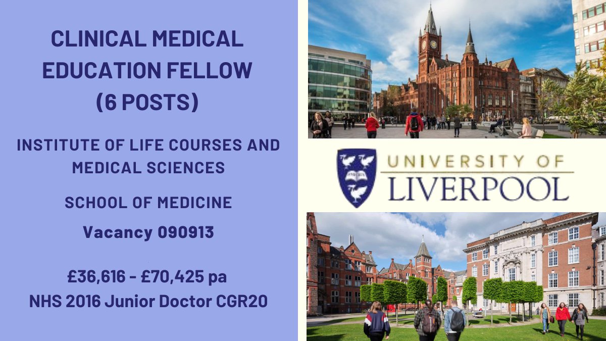 Liverpool University Jobs (@livunijobs) on Twitter photo 📢Clinical Education Fellows: MBChB Programme 6 posts.
For enquiries about the role please contact Prof Taz Goddard-Fuller, Vice Dean for Learning and Scholarship (Taz.Goddard-Fuller@liverpool.ac.uk).
Apply➡️tinyurl.com/2uj83f9f
<a href="/LivUniHLS/">Faculty of Health and Life Sciences</a> <a href="/LivuniILCaMS/">Institute of Life Course and Medical Sciences</a> 📢Clinical Education Fellows: MBChB Programme 6 posts.
For enquiries about the role please contact Prof Taz Goddard-Fuller, Vice Dean for Learning and Scholarship (Taz.Goddard-Fuller@liverpool.ac.uk).
Apply➡️tinyurl.com/2uj83f9f
<a href="/LivUniHLS/">Faculty of Health and Life Sciences</a> <a href="/LivuniILCaMS/">Institute of Life Course and Medical Sciences</a>