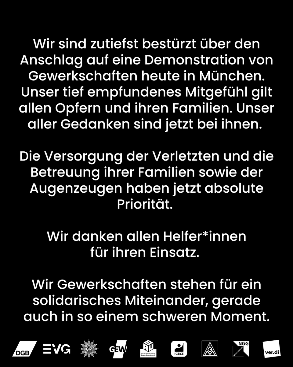 DGB - Deutscher Gewerkschaftsbund (@dgb_news) on Twitter photo Wir sind zutiefst bestürzt: In München ist ein Auto mitten in einen Demozug von Gewerkschafter*innen gerast. Mehrere Streikende wurden verletzt. Die Ermittlungen der <a href="/PolizeiMuenchen/">Polizei München</a> dauern an. Wir sind zutiefst bestürzt: In München ist ein Auto mitten in einen Demozug von Gewerkschafter*innen gerast. Mehrere Streikende wurden verletzt. Die Ermittlungen der <a href="/PolizeiMuenchen/">Polizei München</a> dauern an.