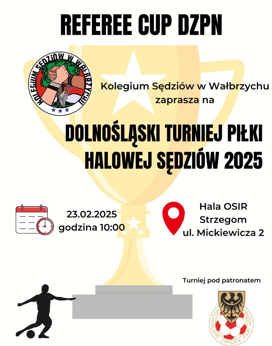 Sędziowie KS <a href="/DolZPN/">Dolnośląski Związek Piłki Nożnej</a> też w⚽️grają‼️
Za 10 dni odbędzie się Dolnośląski Turniej Piłki Halowej Sędziów - „Referee Cup DZPN”.
Zapraszamy miłośników⚽️do przyjścia na halę strzegomskiego OSiRu i kibicowanie drużynom z KS Wrocław, KS <a href="/PodokregLegnica/">Podokręg Legnica</a>, <a href="/KSJeleniaGora/">Kolegium Sędziów Jelenia Góra</a>  i KS Wałbrzych💪