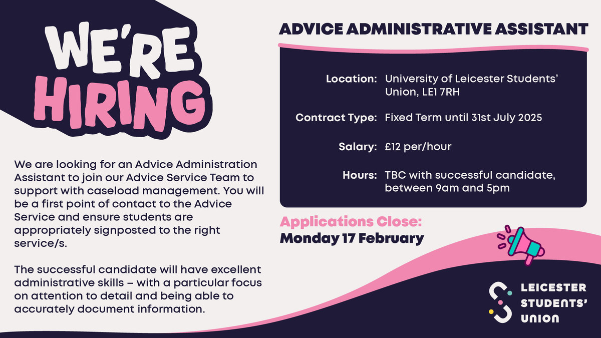 We're looking for an Advice Administration Assistant to join our Advice Service Team to support with caseload management. You will be a first point of contact to the Advice Service and ensure students are signposted to the right service/s.
Find out more 👉 leicesterunion.com/jobs/currentva…