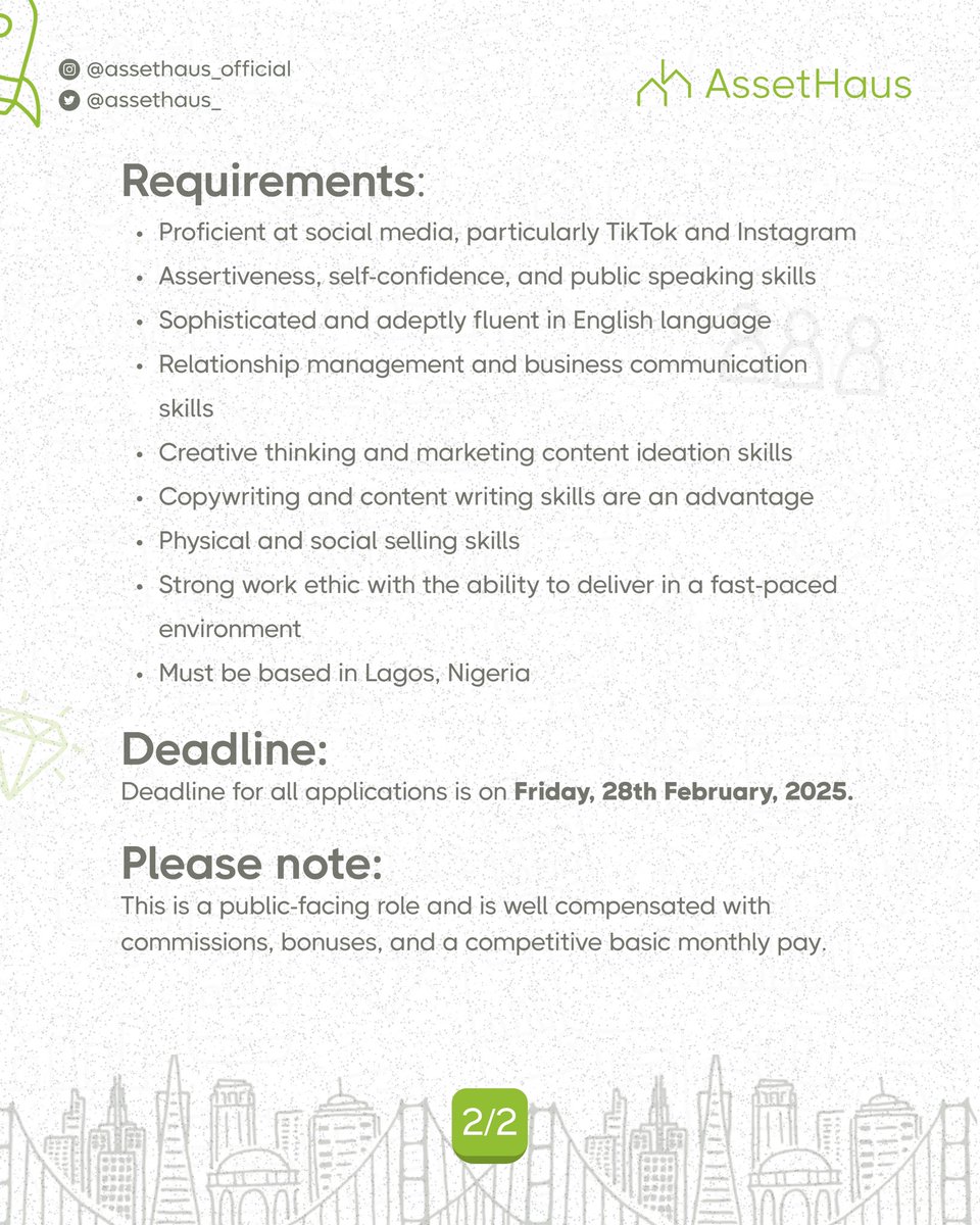 We're Hiring!

Assethaus is looking for a Content Creator &amp; Marketing Associate creative, trend-savvy, and passionate about digital marketing.

Send your CV &amp; a 1-2 min intro video to career@assethaus.ng.

Ready to join the team? 
Apply now!
Deadline: 28th Feb 2025