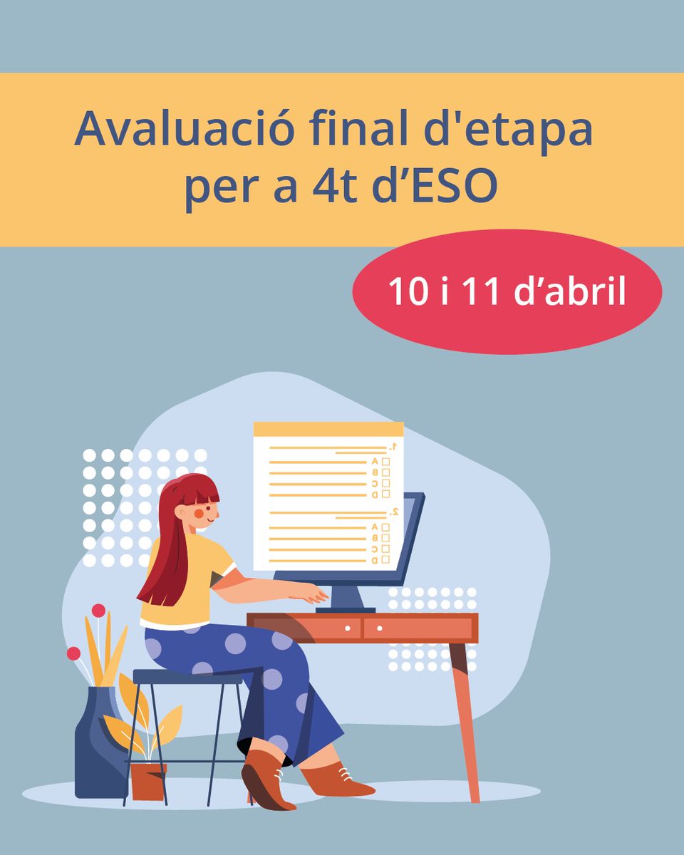 L'avaluació final d'etapa per a 4t d'ESO es realitzarà els dies 10 i 11 d'abril. Consulteu les actuacions dels centres i el calendari per a més informació.

📅 10 i 11 d'abril

🔗 espai.educacio.gencat.cat/Alumnes/Avalua…

#AlsCentres