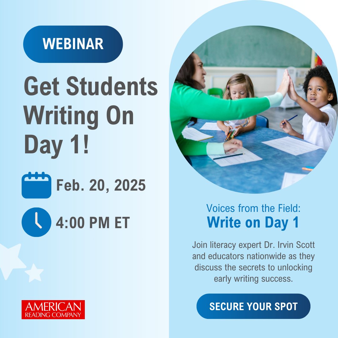 Have you signed up for our webinar?

Join us for Voices from the Field: Write on Day 1. Discover how schools are breaking the myth that young learners can’t write from the start! Learn how leveraging encoding can supercharge foundational skills.

Register: americanreading.zoom.us/webinar/regist…