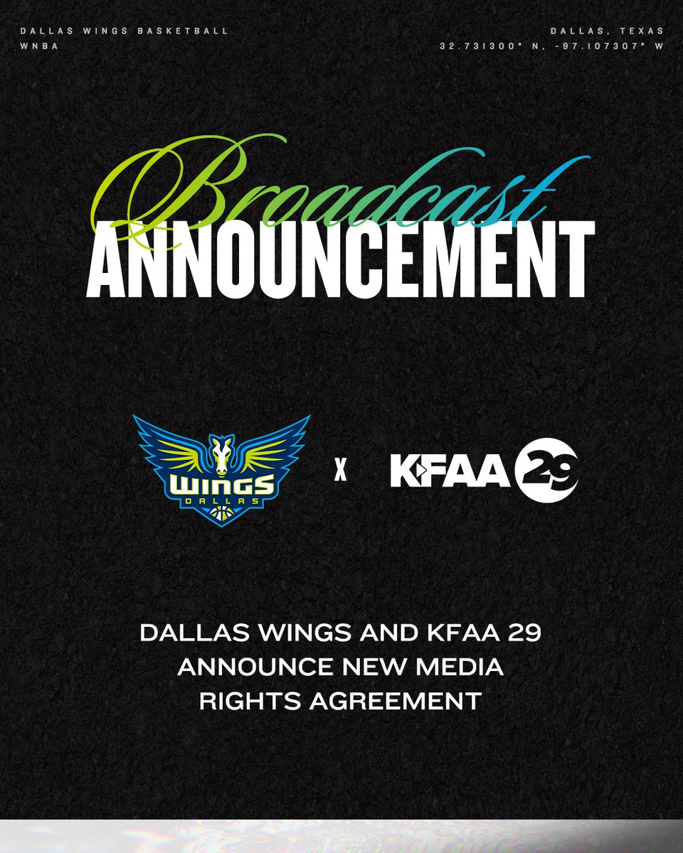 OFFICIAL: Catch Wings basketball all season long 📺

We have announced a landmark broadcast rights agreement with TEGNA, the exclusive local television partner of the Dallas Wings. Watch local games free over-the-air on KFAA (Ch. 29).