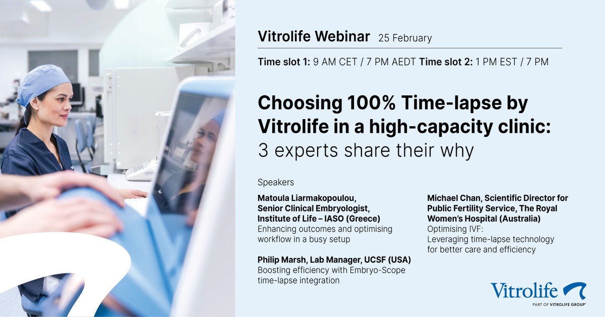 📢 Register for our upcoming webinar. In this webinar, 3 experts will share how Time-lapse technology has elevated clinic performance, unforeseen advantages that added value, and the reasons behind their decision to choose Vitrolife’s Time-lapse.

👉 ow.ly/Mpa150UXCt2