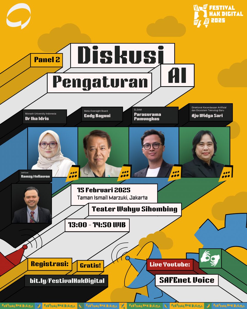 safenetvoice's tweet image. Pada bagian diskusi pengaturan AI kami menghadirkan narasumber dari berbagai stakeholder! 🥳

Yuk, daftar dan sampai bertemu di Festival Hak Digital!

#InternetAmanBebasSetara #FestivalHakDigital #SAFEnet