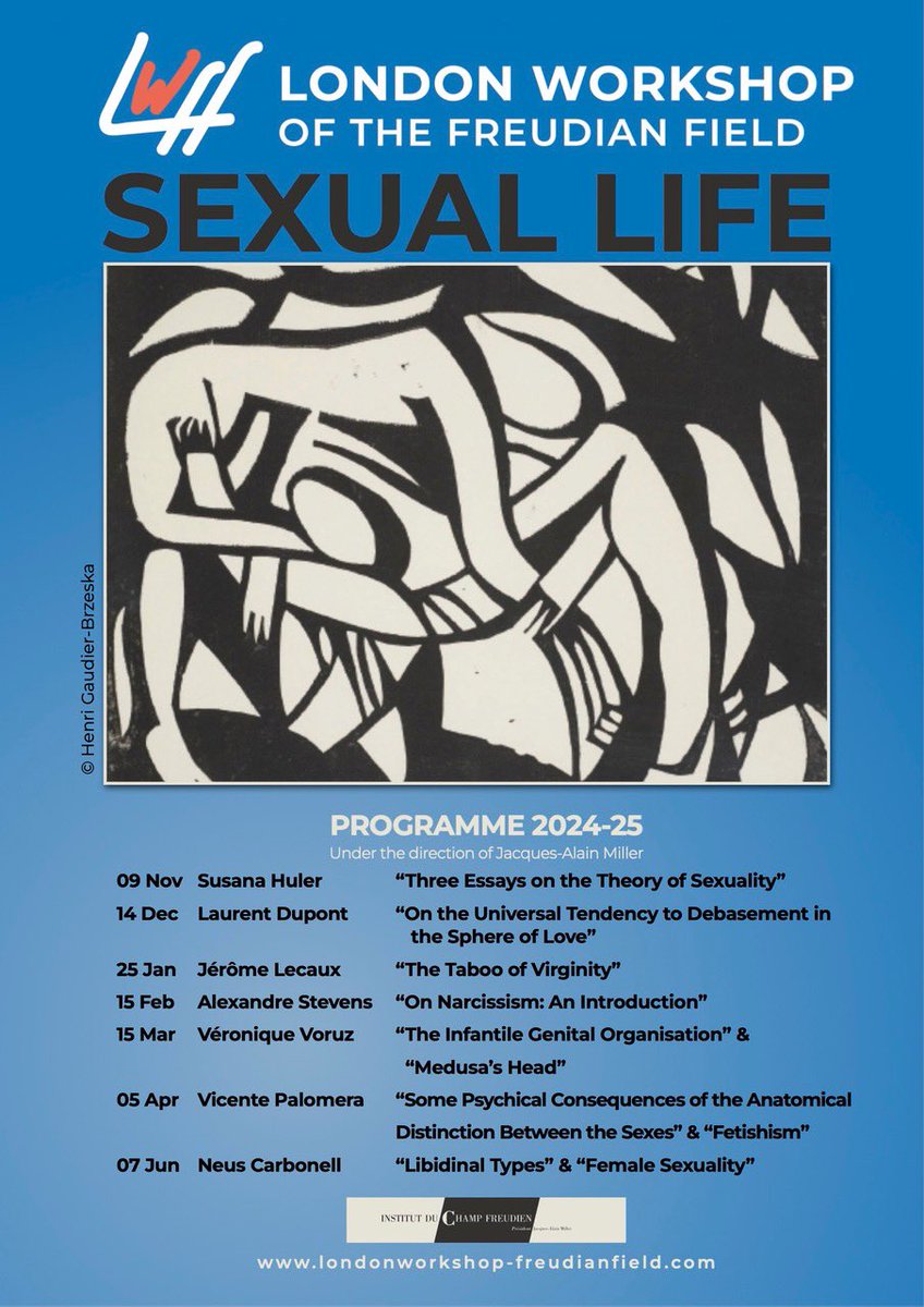 “In other words, when you’re in love, you are mad, as ordinary language puts it”.
J Lacan

We’re working on Freud’s Intro to Narcissism, with Alexandre Stevens. Also preparing for the NLSCongress “Painful Loves” as well as next year’s WAP congress “There is no sexual relation”!💥