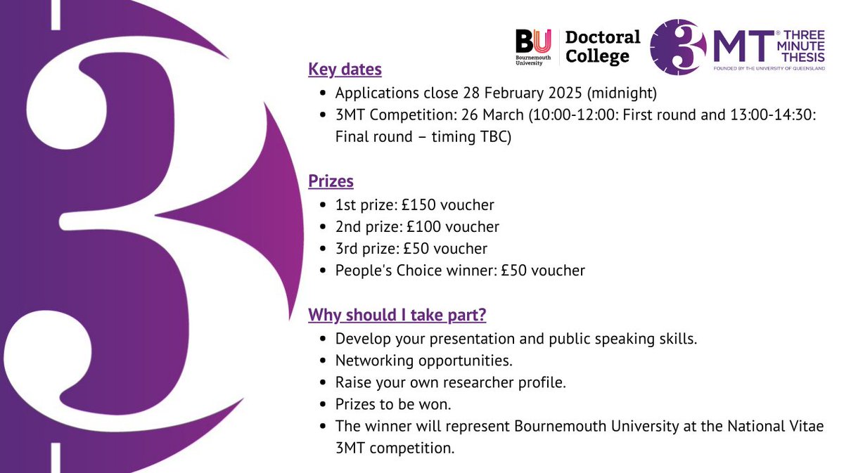 BUDoctoralCollege (@budoccollege) on Twitter photo Don’t miss out on submitting an application for the 3MT® competition! Develop your presentation skills, share your research and be in with a chance of winning a prize.🤩
Click below for eligibility criteria and further information⬇️
bit.ly/4hW0AKm
<a href="/bournemouthuni/">Bournemouth Uni</a> Don’t miss out on submitting an application for the 3MT® competition! Develop your presentation skills, share your research and be in with a chance of winning a prize.🤩
Click below for eligibility criteria and further information⬇️
bit.ly/4hW0AKm
<a href="/bournemouthuni/">Bournemouth Uni</a>