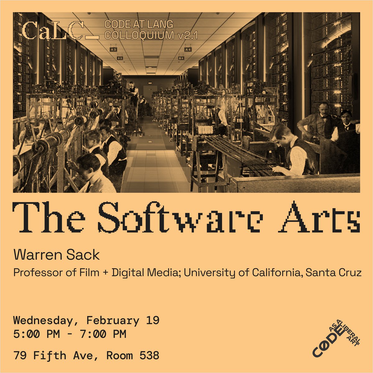 codeatlang's tweet image. Warren Sack, The Software Arts
Weds, Feb 19, 5-7pm
All are welcome, registration required:
event.newschool.edu/softwarearts
More info here:
bsky.app/profile/codeat…