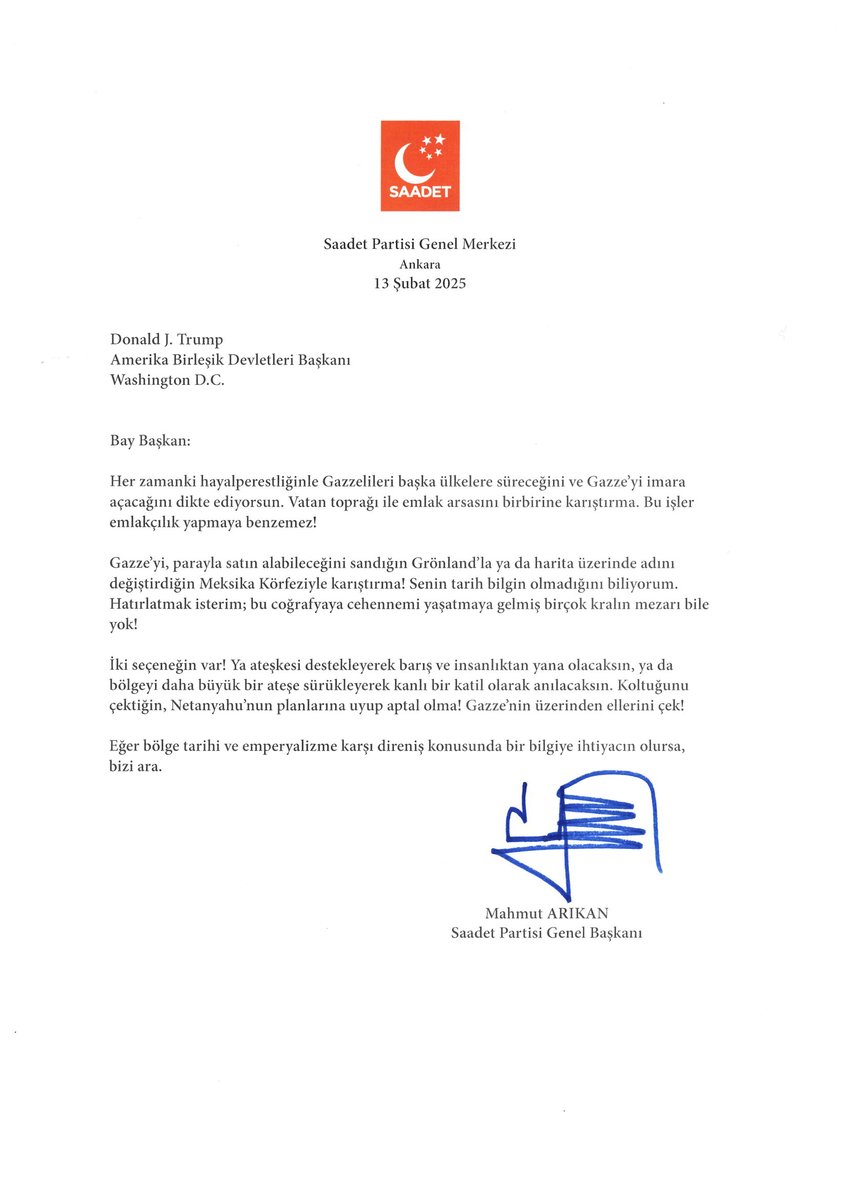 Bay Başkan! Sana bir mektubum var!

Hatırlatmak isterim, bu coğrafyaya cehennemi yaşatmaya gelmiş birçok kralın mezarı bile yok!

<a href="/realDonaldTrump/">Donald J. Trump</a>