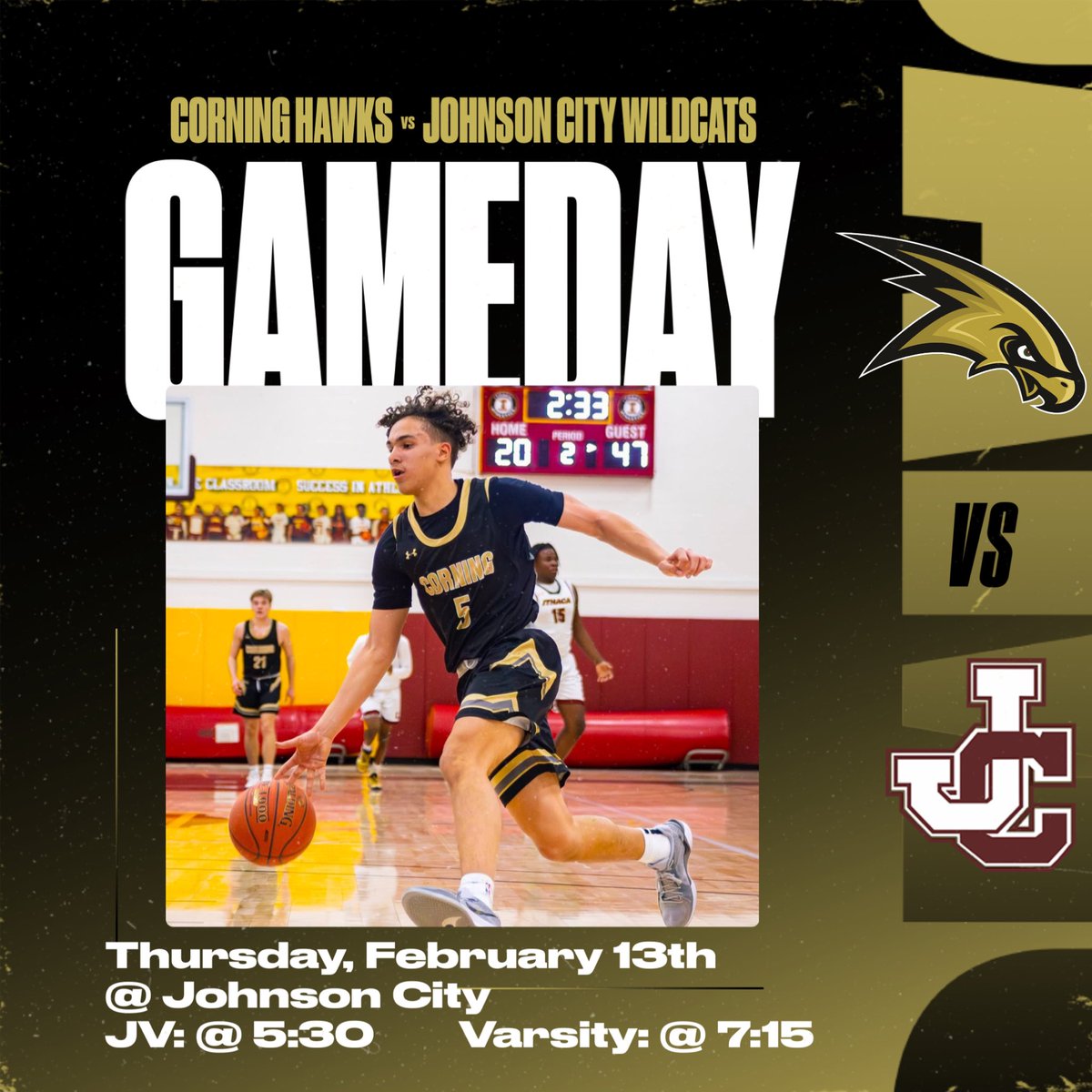 GAME DAY!!!
Thursday, February 13th
CORNING VS JOHNSON CITY
@ Johnson City
JV @ 5:30pm
Varsity @ 7:15pm
Live Stream: fan.hudl.com/usa/ny/johnson…