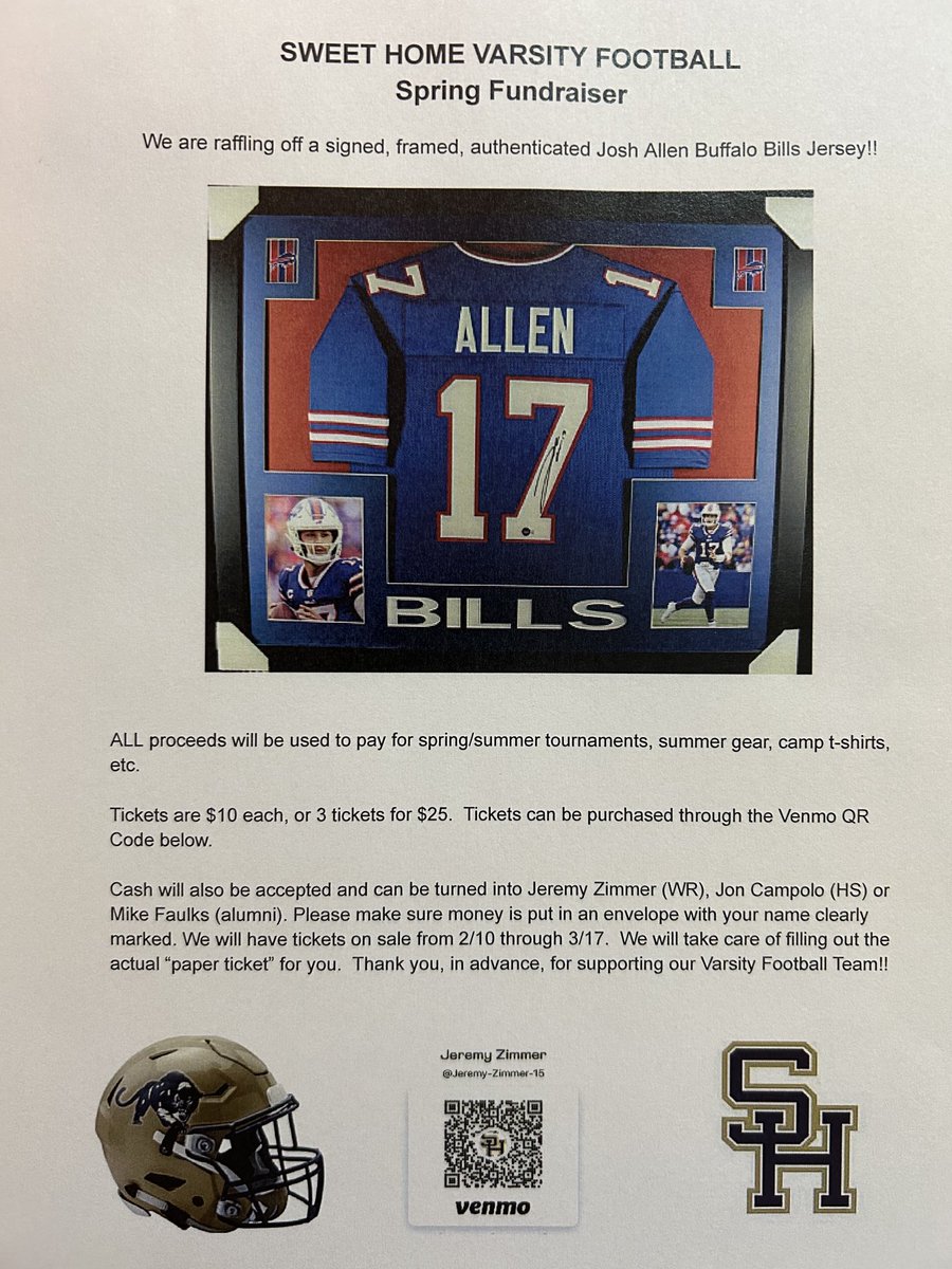 Our varsity football team is raffling off a signed, framed, authenticated Josh Allen Jersey to help fund our summer program.  ⁦<a href="/SweetHomeCSD/">Sweet Home Central School District</a>⁩ ⁦<a href="/bufnewspreptalk/">BuffaloNewsPrepTalk</a>⁩ ⁦<a href="/WNYAthletics/">WNY Athletics</a>⁩ ⁦<a href="/BuffaloBills/">Buffalo Bills</a>⁩ ⁦<a href="/SHCSDAthletics/">Sweet Home Athletics</a>⁩ ⁦<a href="/WGRZ/">WGRZ</a>⁩ ⁦<a href="/wolf3328/">FW</a>⁩