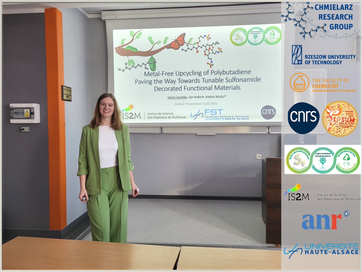 Chmielarz Research Group (@chmielarz_group) on Twitter photo Thanks to Janna Jeschke👩🔬from Prof. <a href="/HatisMutlu/">Hatice Mutlu</a> research group IS2M🇫🇷 for a very valuable seminar on metal-free upcycling of polybutadiene by sulfonamides, its characteristics and applicability❗️🧪
Fingers crossed for great results on polybutadiene functionalization by #ATRP🤞 Thanks to Janna Jeschke👩🔬from Prof. <a href="/HatisMutlu/">Hatice Mutlu</a> research group IS2M🇫🇷 for a very valuable seminar on metal-free upcycling of polybutadiene by sulfonamides, its characteristics and applicability❗️🧪
Fingers crossed for great results on polybutadiene functionalization by #ATRP🤞