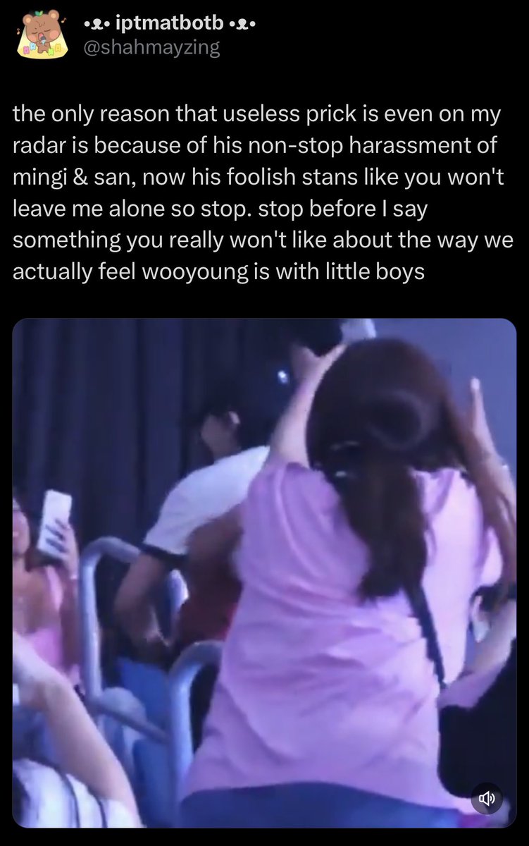 do NOT stop reporting the acc as they continue making tweets about 🐈‍⬛ implying inappropriate interactions with m!nors (now with hugging a fanboy) 

• BLOCK
• REPORT
 &gt; abu$e &amp; harassment &gt; insults
• do NOT interact❕

acc: rb.gy/gmb3yi
tweet: rb.gy/w3fpym
