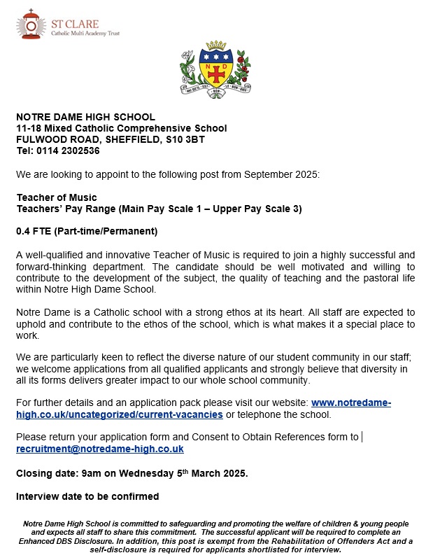We currently have an exciting #jobopportunity for a Teacher of Music (0.4 FTE) to start in September 2025. For further information and to apply please visit notredame-high.co.uk/uncategorized/… Closing date 9am on Wednesday 5th March 2025.