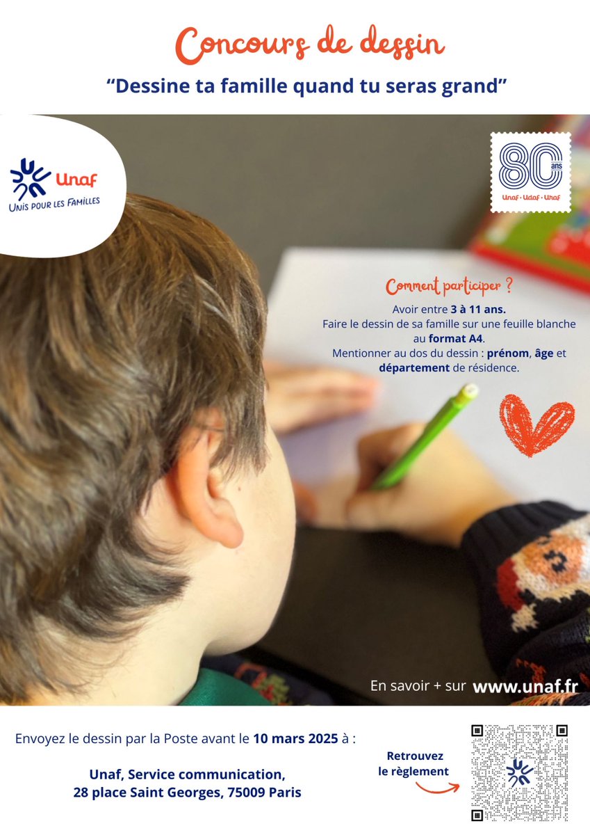 A vos crayons ✏️! 
Le réseau #Udaf #Unaf #Uraf lance un concours de #dessin pour ses 80 ans pour les 3-11 ans ! 
💌 Vous avez jusqu'au 10 mars pour envoyer les dessins par la Poste : Unaf - service communication - 28 place Saint Georges - 75009 Paris 
➡️udaf75.fr/concours-de-de…