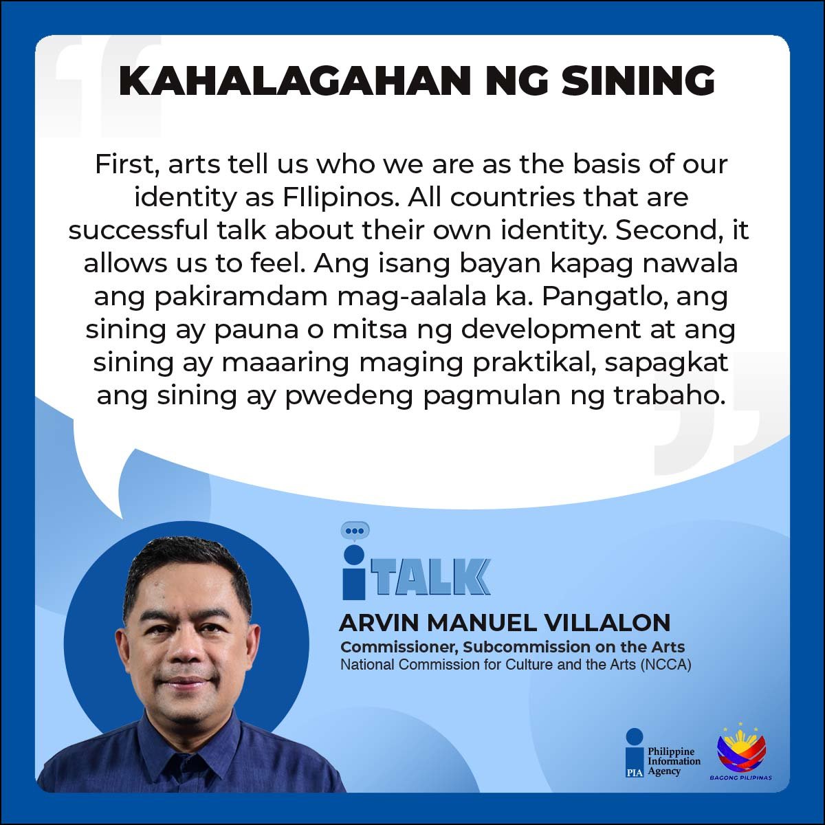 PIADesk's tweet photo. Binigyang-diin ni Commissioner Arvin Manuel Villalon of the Subcommission for the Arts at the National Commission for Culture and the Arts @NCCAOfficial ang mahalagang papel ng sining sa ating buhay, lalo na sa konteksto ng mga Pilipino.
#NationalArtsMonth #NCCA | #iTALK | #PIA https://t.co/BP6n5LTcWt