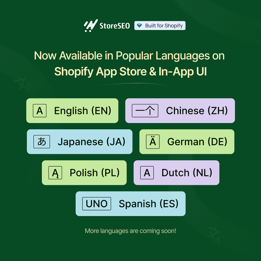StoreSEOapp's tweet image. StoreSEO is now available in popular languages, like Polish, German, Japanese and more, on in-app UI &amp;amp; Shopify App Store to make optimizing your @Shopify store for SEO even easier than ever before ✨

Get StoreSEO now 👇
apps.shopify.com/storese

#StoreSEO #MultiLingualApp