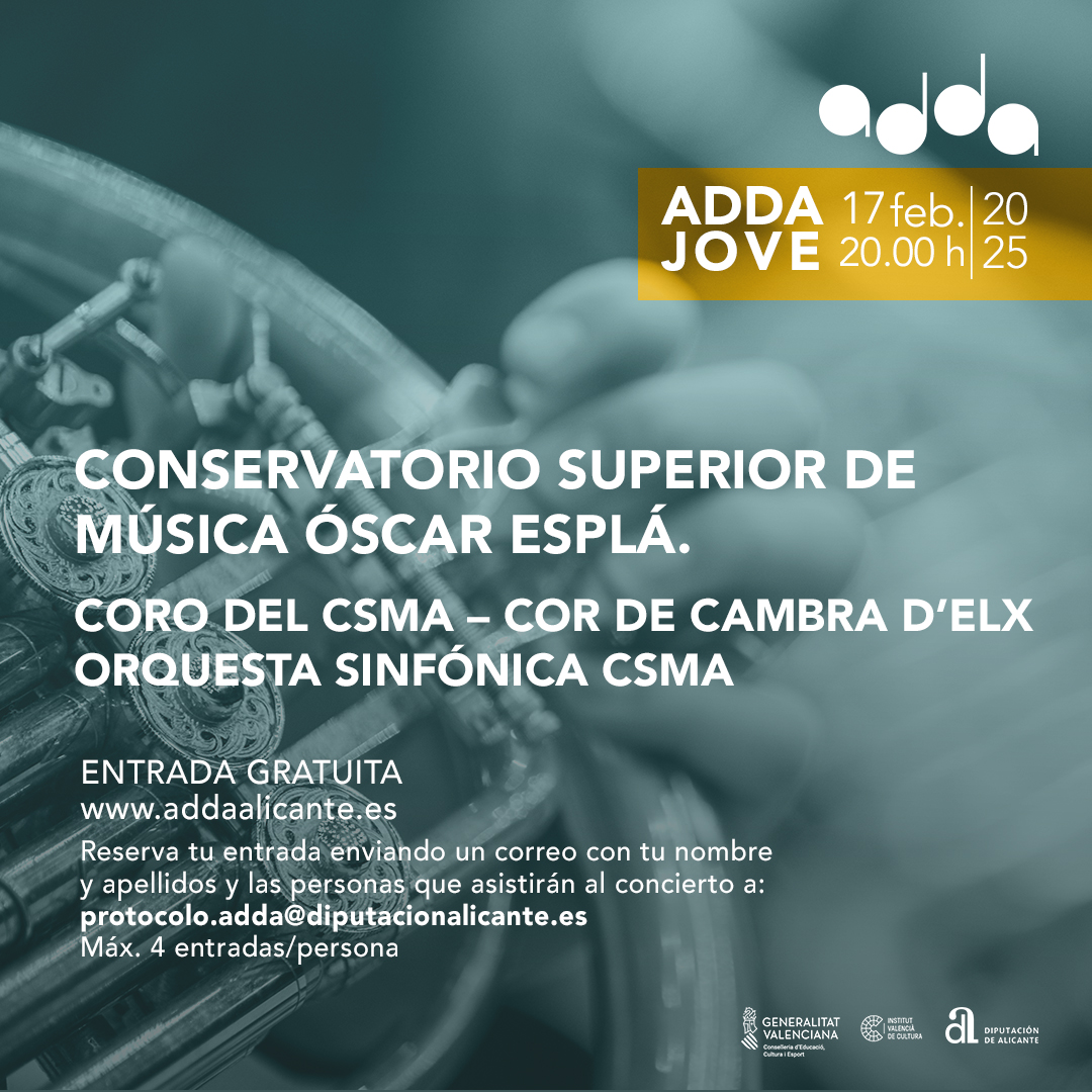 🔹 El 17F a las 20:00 h, el ADDA vibra con la Orquesta y Coro del Conservatorio Superior de Música Óscar Esplá de Alicante.
Juventud y maestría en una velada única.
¡Déjate sorprender por su talento! 🎻🎶
🎟️ Info: addaalicante.es/concierto/cons…