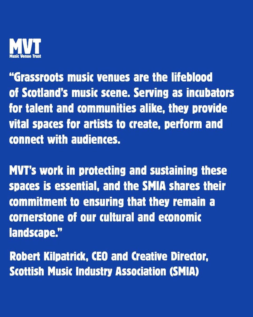 Scottish Music Industry Association (@thesmia) on Twitter photo 1/3 <a href="/musicvenuetrust/">Music Venue Trust</a> – the charity that represents hundreds of UK grassroots music venues (GMVs) – today announces six new patrons, including our CEO and Creative Director, <a href="/rkilpatrick93/">Robert Kilpatrick</a>. 1/3 <a href="/musicvenuetrust/">Music Venue Trust</a> – the charity that represents hundreds of UK grassroots music venues (GMVs) – today announces six new patrons, including our CEO and Creative Director, <a href="/rkilpatrick93/">Robert Kilpatrick</a>.