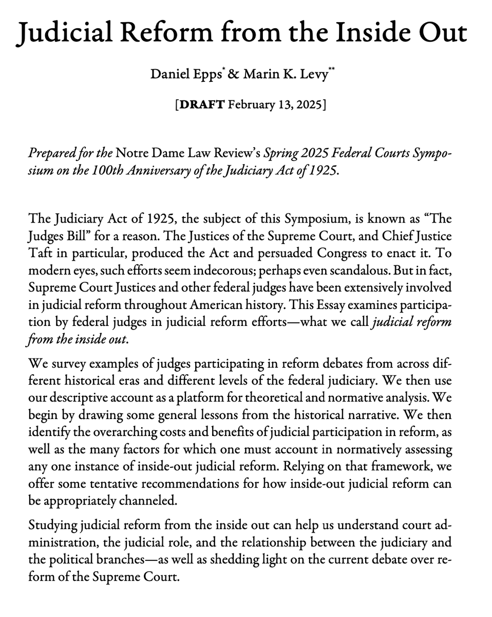 Dan Epps (@danepps) on Twitter photo NEW PAPER: It's the 100th Anniversary of the Judiciary Act of 1925—a perfect day to drop my and <a href="/marinklevy/">Marin K Levy</a>'s "Judicial Reform from the Inside Out," prepared for <a href="/NotreDameLRev/">Nᴏᴛʀᴇ Dᴀᴍᴇ L. Rᴇᴠ. (Notre Dame Law Review)</a>'s great symposium honoring that anniversary.
Check it out! papers.ssrn.com/sol3/papers.cf… NEW PAPER: It's the 100th Anniversary of the Judiciary Act of 1925—a perfect day to drop my and <a href="/marinklevy/">Marin K Levy</a>'s "Judicial Reform from the Inside Out," prepared for <a href="/NotreDameLRev/">Nᴏᴛʀᴇ Dᴀᴍᴇ L. Rᴇᴠ. (Notre Dame Law Review)</a>'s great symposium honoring that anniversary.
Check it out! papers.ssrn.com/sol3/papers.cf…
