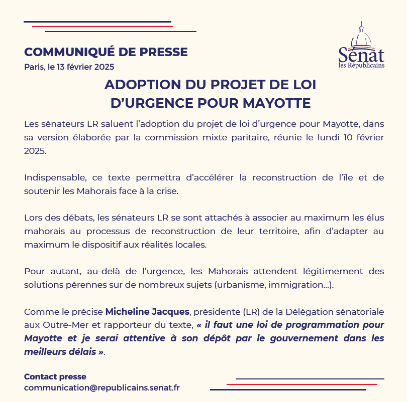 Le <a href="/Senat/">Sénat</a> a adopté ce jour le projet de loi d'urgence pour Mayotte. 

Au-delà de l'urgence, il faut proposer des solutionnes pérennes aux Mahorais ; nos sénateurs y seront vigilants !