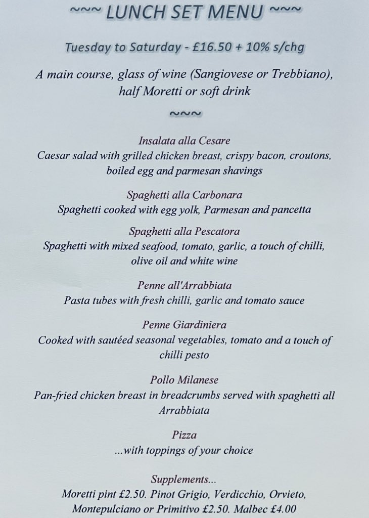 An amazing lunchtime offer! Choose a main course, glass of wine, beer or soft drink for £16.50 from Tuesday to Saturday
#LunchtimeOffer  #ItalianFood #FreshPasta #Pizza #Vino #Moretti #SpecialOfferMenu #BagattisItalian #CroydonRestaurantQuarter #LunchCroydon