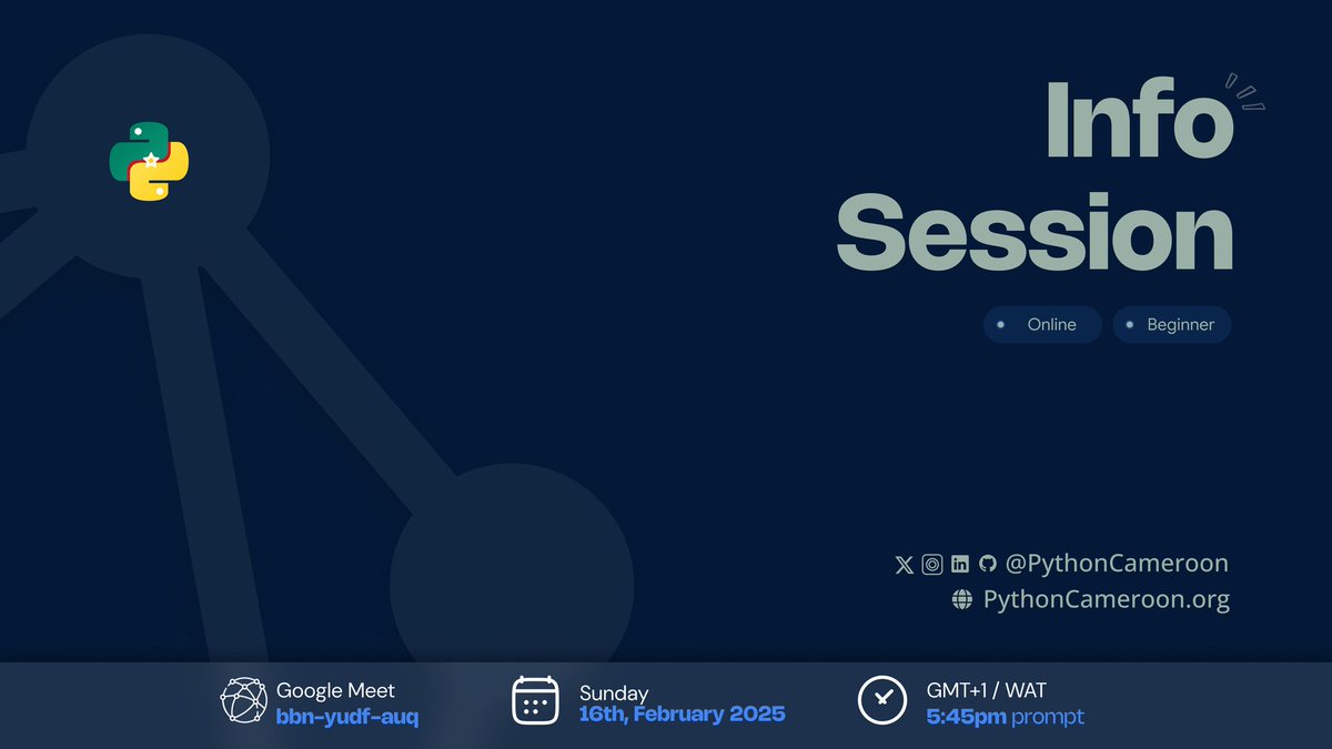 PythonCameroon's tweet image. Updates guys!!!

We will start an hour earlier.

#PythonCmr #Python237