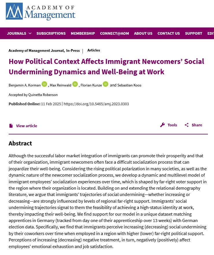 ProfKunze's tweet image. 🔍 How does the #PoliticalClimate, especially rising #RightWingVoting, impact the #WorkplaceExperience of immigrant newcomers?

Our latest #AMJ paper explores how far-right political support affects immigrant employees&apos; socialization, discrimination, &amp;amp; well-being. 🧵👇