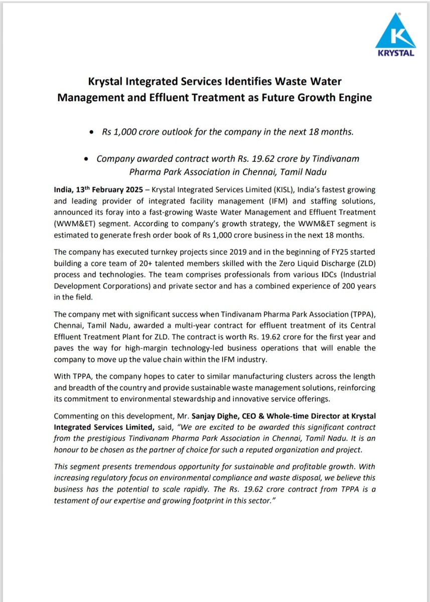 Jayasateesh1's tweet image. 📚Krystal Integrated services received order worth Rs.19.62 cr from Tindivanam Pharma park Association (TPPA) 
✍️Effluent treatment of its Central Effluent Treatment Plant, aiming for Zero Liquid Discharge (ZLD)👍
@Vismaya9999 #KISL